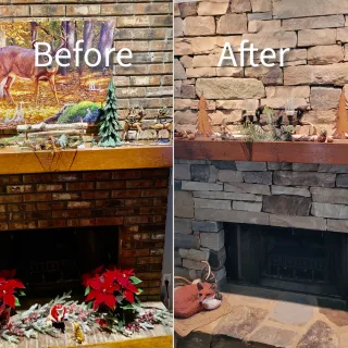 brick to stone fireplace