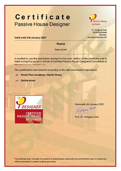 Sample Passive House Designer certificate issued by the Passivhaus Institute; names and dates shown are examples