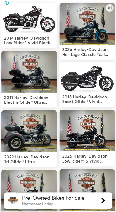 Google inventory ad from Northshore Harley-Davidson showing pre-owned motorcycles