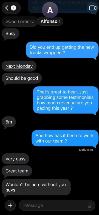 Text message from Multi-location HVAC client: $5M pace this year