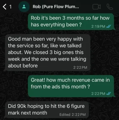 Text message from Pure Flow Plumbing: $90K by month three