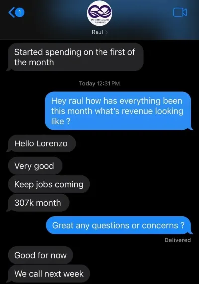 Text message from Infinity Luxury Plumbing: $307K for the month