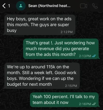 Text message from Northwind Heating: $115K with a week still left