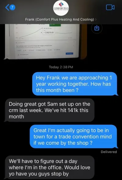 Text message from Comfort Plus Heating & Cooling: $141K in one month