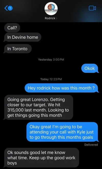 Text message from TempCare Heating & Air: $315K last month