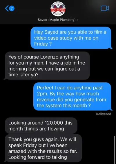 Text message from Maple Plumbing: $120K this month