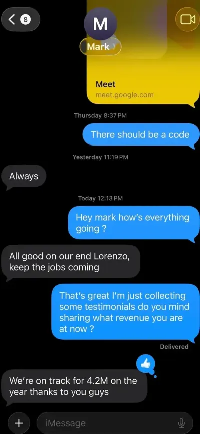 Text message from Multi-location HVAC client: $4.2M on track this year