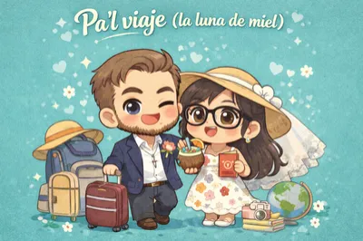 Ilustración de los novios de viaje
