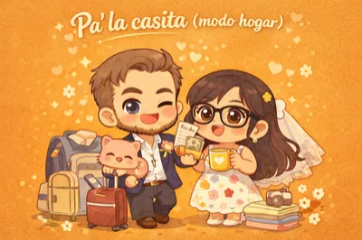 Ilustración de los novios con su casita