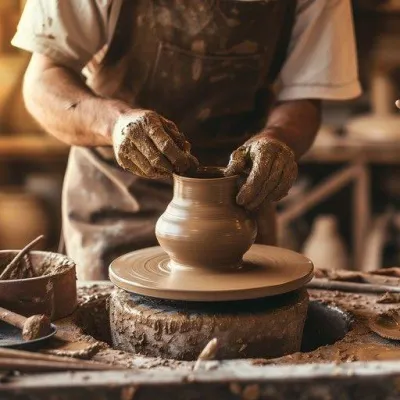 Hands shaping clay on a potter's wheel