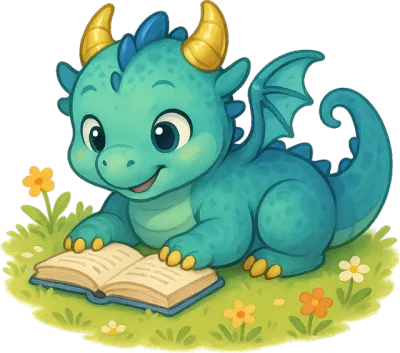 Lucky, the happy dragon, reading a book