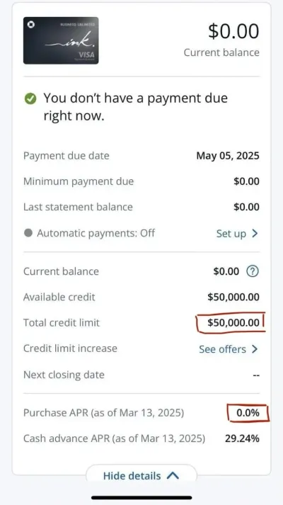 $50.000 Chase Ink at 0% interest