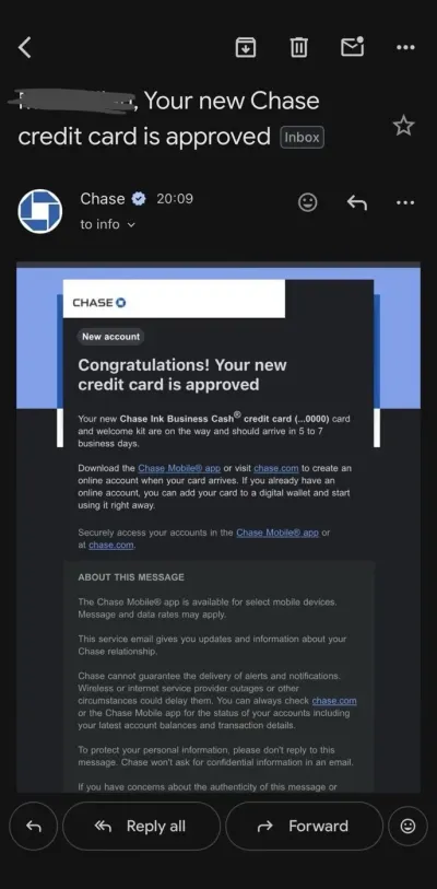 Genehmigt New Chase credit card