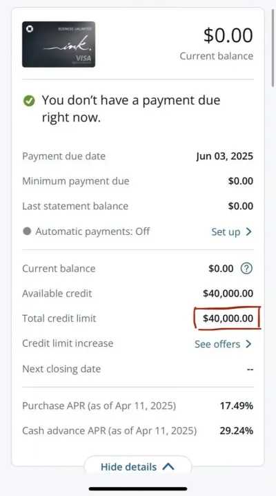 $40.000 Chase Ink limit