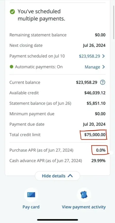 $75.000 Total limit at Chase at 0% APR