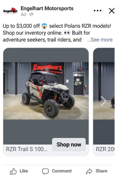 Facebook catalog carousel ad from Engelhart Motorsports showing in-stock Polaris RZR models