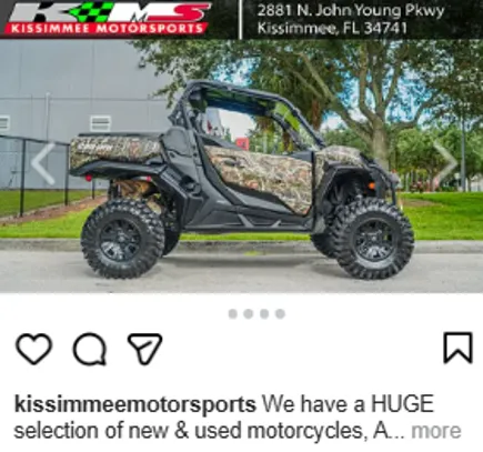 Instagram feed inventory ad from Kissimmee Motorsports showing a camo side-by-side
