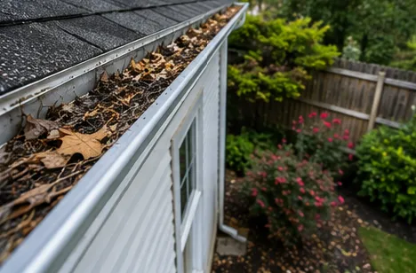 Before: leaves in the open gutter beside Barbara’s flower garden in Littleton