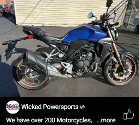 Facebook Reels inventory ad from Wicked Powersports showing a blue naked motorcycle