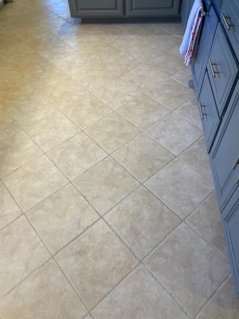 Kitchen diagonal tile and grout after professional cleaning and restoration in South Bay CA