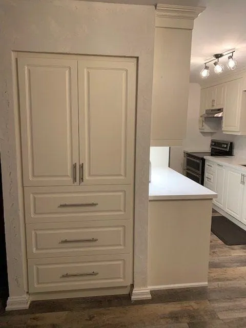 Built-in pantry cabinet beside a white kitchen with quartz counters