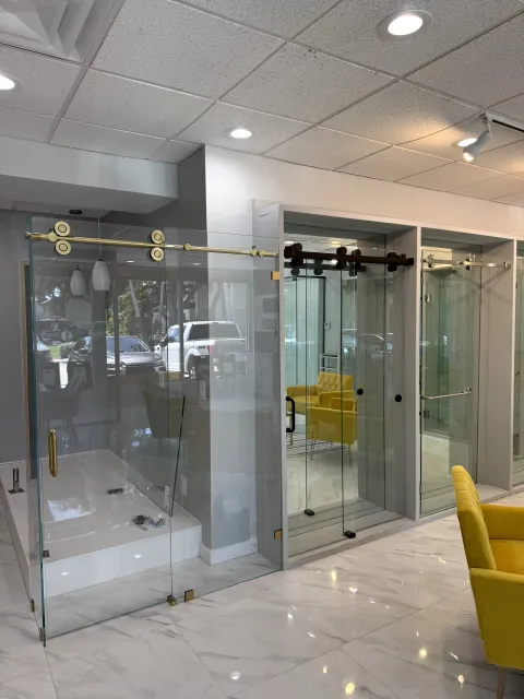 Sliding glass door displays with brass-tone and black hardware