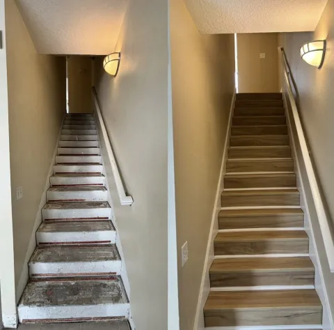 Side-by-side comparison of stripped unfinished staircase treads on left vs. completed wood treads, white risers, and painted stringers on right