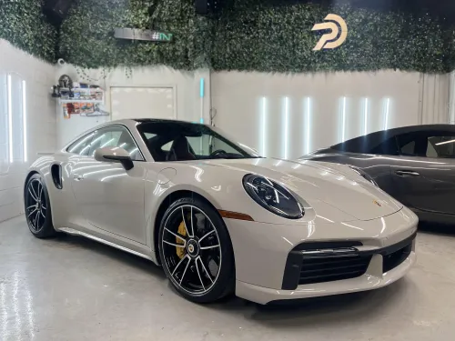 Chalk Porsche 911 Turbo with front end paint protection film