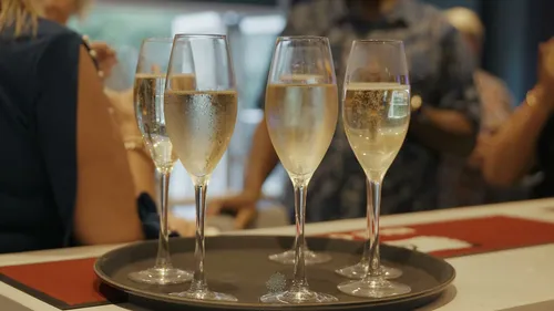 A tray of prosecco flutes at an event at The Fig Tree, Shanklin