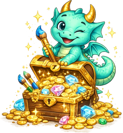 Lucky, der Glücksdrache, auf einer Schatztruhe