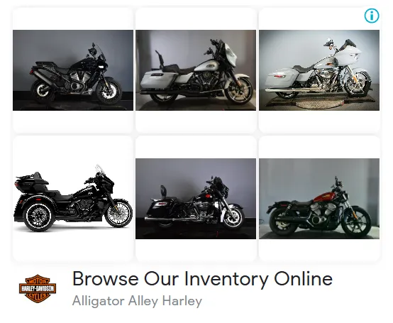 Google inventory ad from Alligator Alley Harley-Davidson showing six in-stock motorcycles