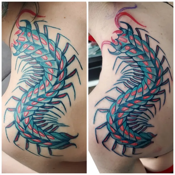 Color centipede shoulder tattoo by Derrick at Sting Studio Ottawa