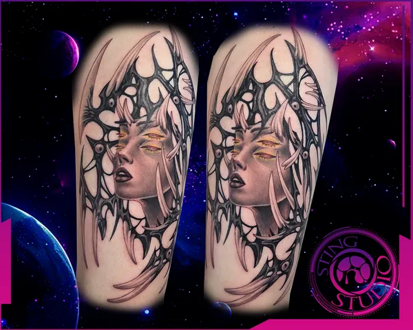 Double eyes woman parasyte thigh tattoo by Derrick at Sting Studio Ottawa