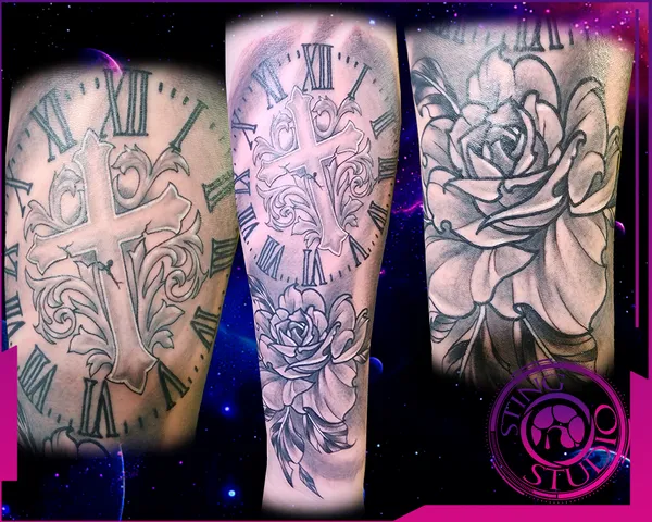 Clock rose cross tattoo by Derrick at Sting Studio Ottawa