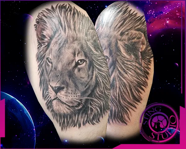Lion shoulder tattoo by Derrick at Sting Studio Ottawa