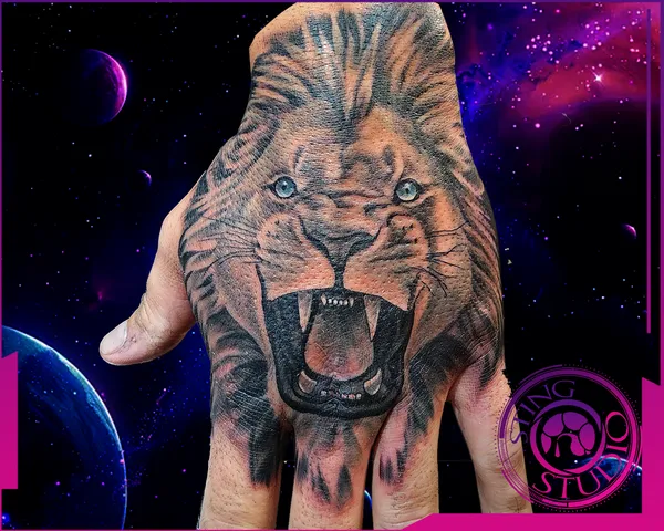 Lion hand tattoo by Derrick at Sting Studio Ottawa