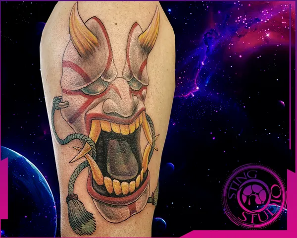 Kabuki mask tattoo by Derrick at Sting Studio Ottawa
