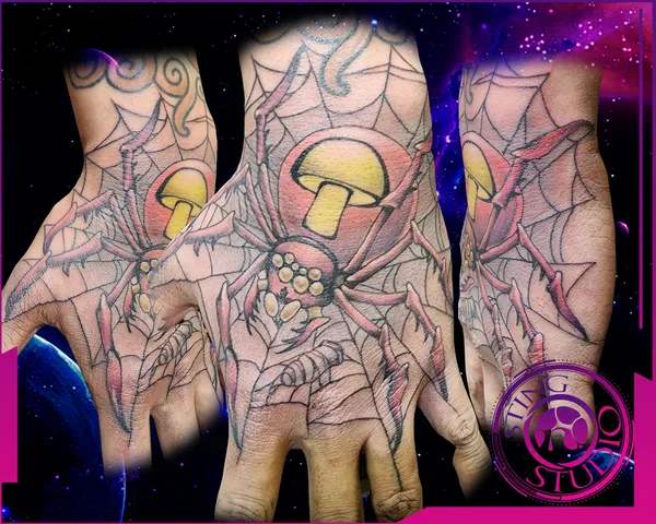 Hand spider freehand shroom tattoo by Derrick at Sting Studio Ottawa