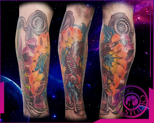 Koi chrysanthemum shin tattoo by Derrick at Sting Studio Ottawa