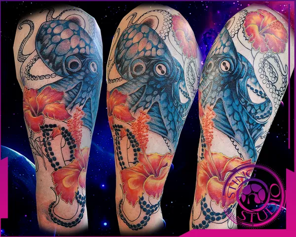 Hibiscus octopus halfsleeve tattoo by Derrick at Sting Studio Ottawa