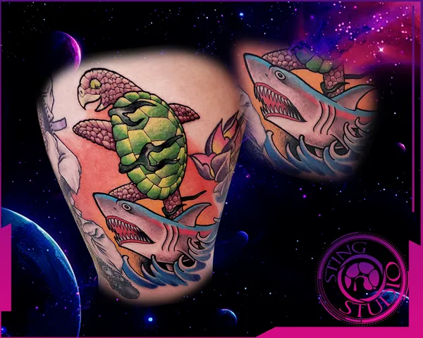 Turtle riding shark tattoo by Derrick at Sting Studio Ottawa