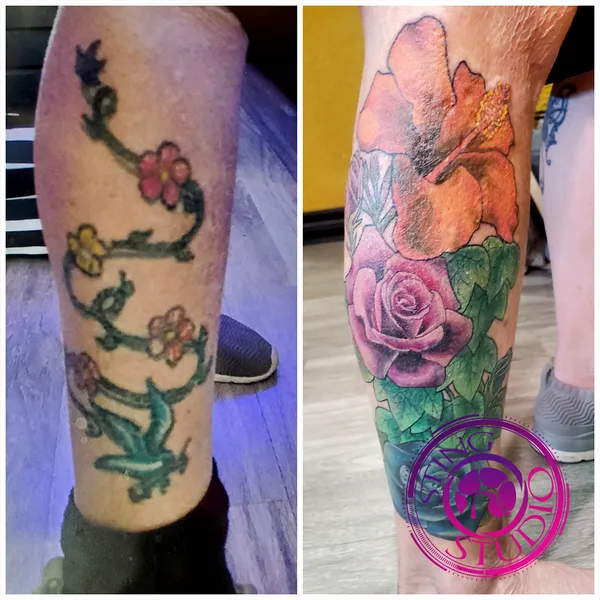 Flowers coverup tattoo by Derrick at Sting Studio Ottawa