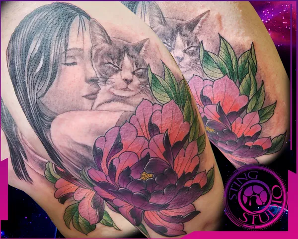 Peony kid and cat tattoo by Derrick at Sting Studio Ottawa