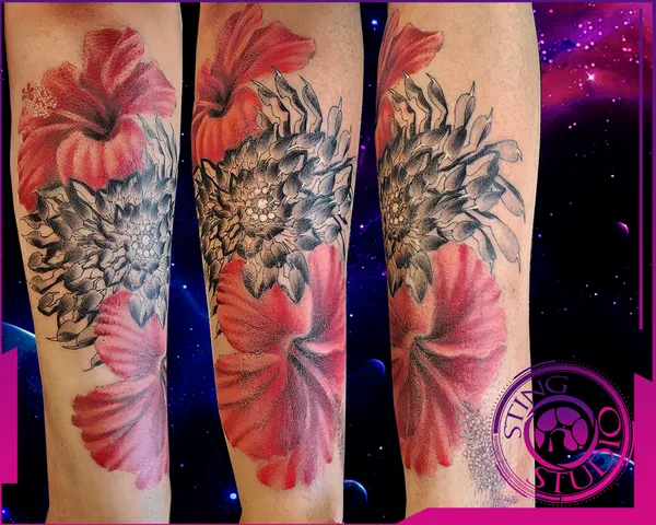 Hibiscus chrysanthemum tattoo by Derrick at Sting Studio Ottawa