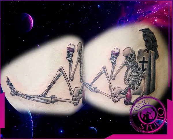 Skeleton drinking wine tombstone crow tattoo by Derrick at Sting Studio Ottawa