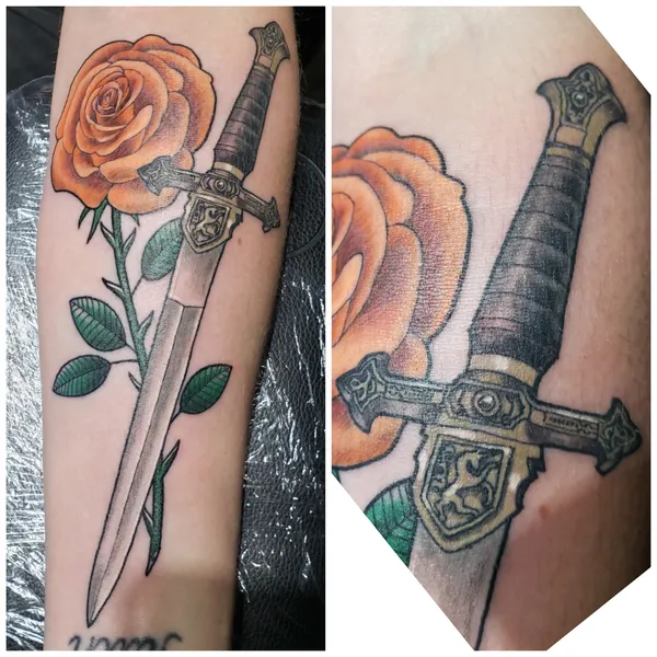 Orange rose dagger tattoo by Derrick at Sting Studio Ottawa