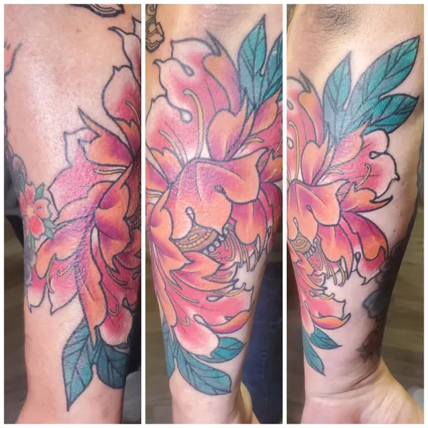 Neotrad peony tattoo by Derrick at Sting Studio Ottawa