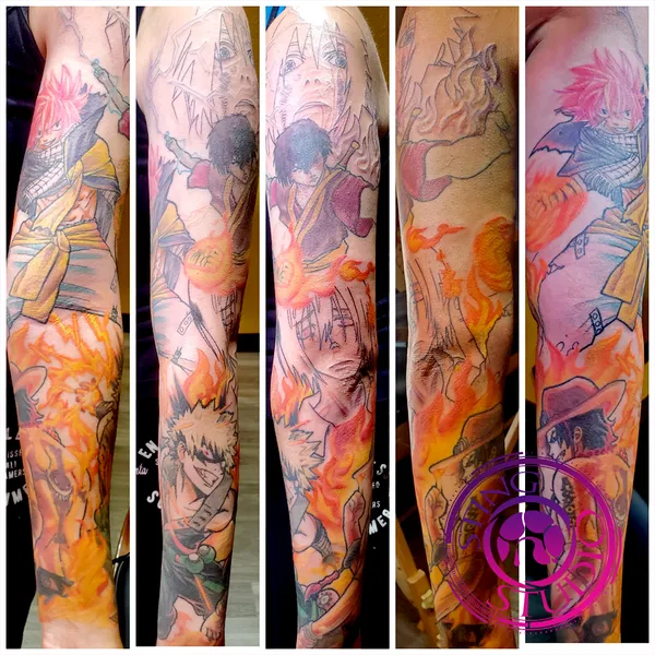 Firebender fire users anime sleeve tattoo by Derrick at Sting Studio Ottawa