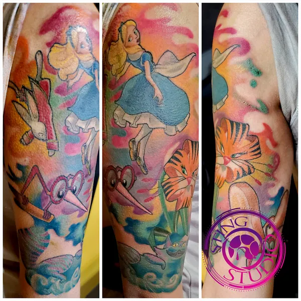 Alice in wonderland sleeve tattoo by Derrick at Sting Studio Ottawa