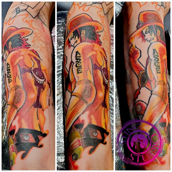 Ace one piece tattoo by Derrick at Sting Studio Ottawa